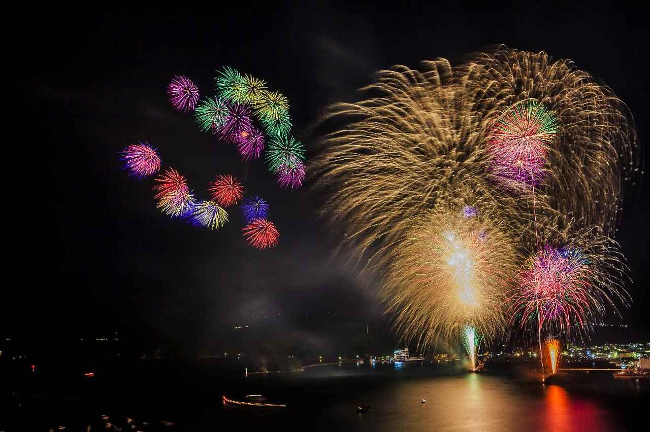 祭典の魅力の一つである海上花火大会